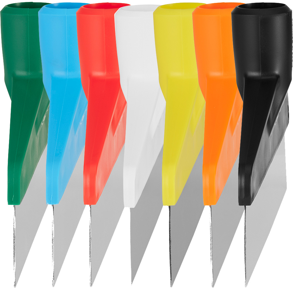 Set of Vikan scrapers in seven colors: green, blue, red, white, yellow, orange, and black. Ideal for color coding and HACCP-compliant cleaning.